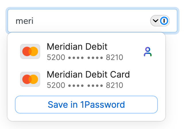 Un champ de carte de crédit affichant deux suggestions de carte filtrées en commençant par taper le mot Meridian.