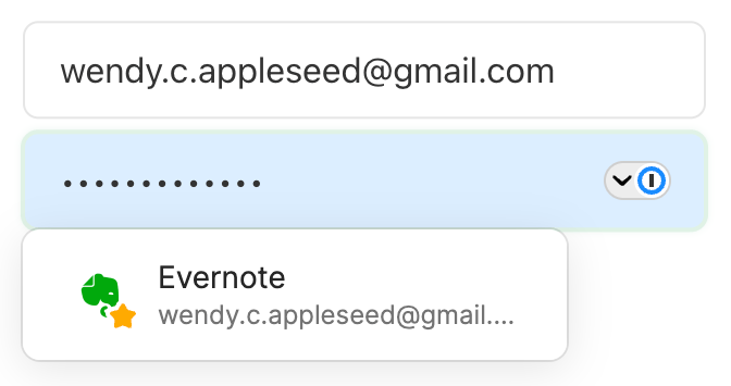 Un champ de mot de passe avec l'icône 1Password sélectionnée et une suggestion de connexion pour Evernote en dessous.