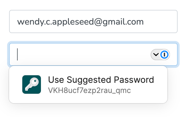 A password field on an account sign-up page that shows 1Password suggesting a new, random password.