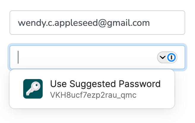 Un champ de mot de passe sur une page d'inscription de compte qui affiche 1Password suggérant un nouveau mot de passe aléatoire.