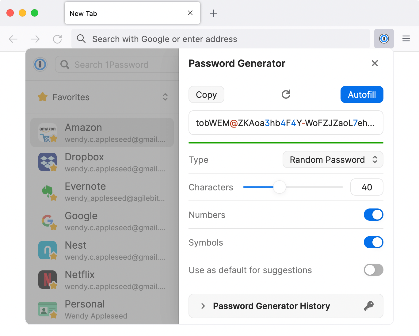1Password X ポップアップのパスワードジェネレーター