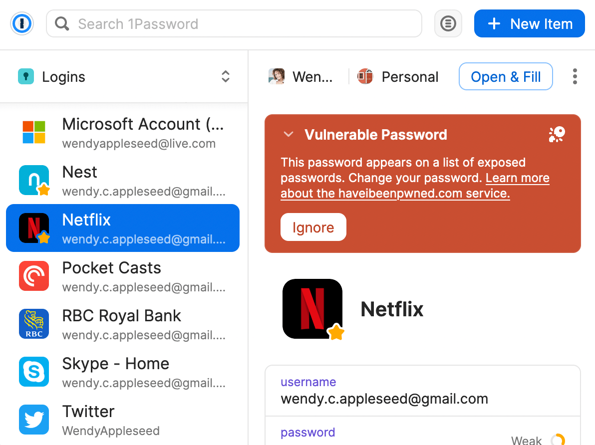 Item with a Watchtower banner in the 1Password pop-up