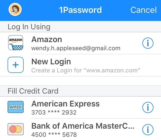 L'estensione 1Password pronta a inserire una password o una carta di credito