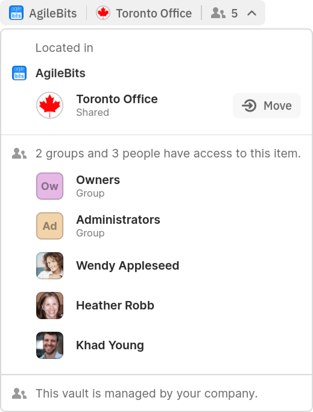 menu showing where an item is located and who has access to it