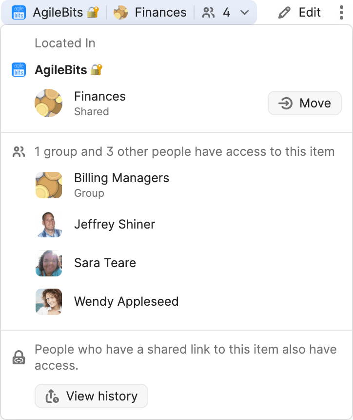 Click the item details area to see who has access to an item.