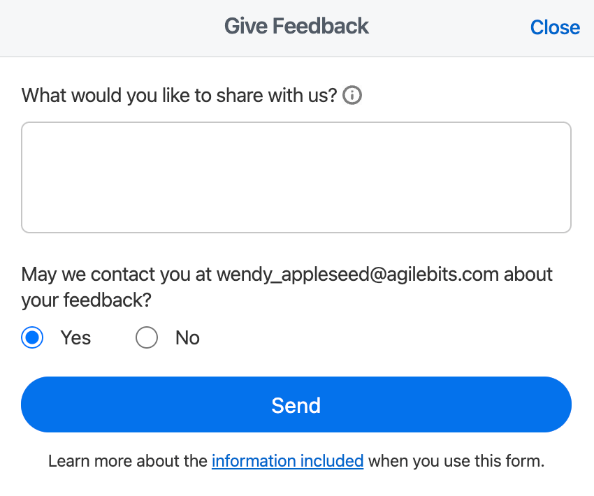 The Give Feedback form on 1Password.com