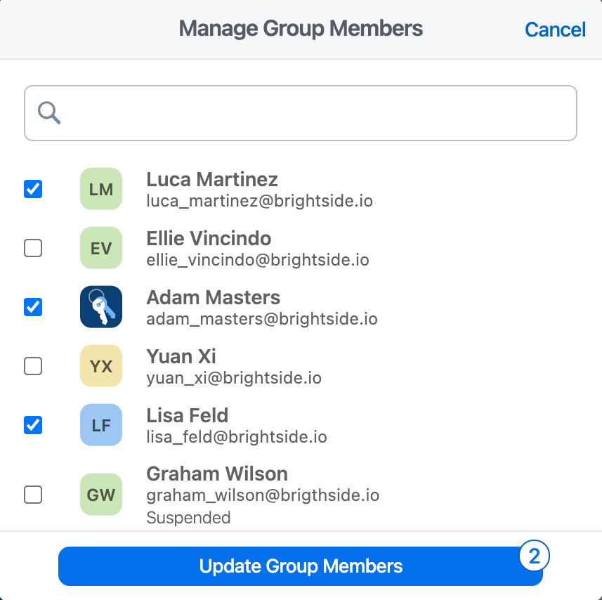 The Manage Group Members pop-up on 1Password.com showing a few selected team members