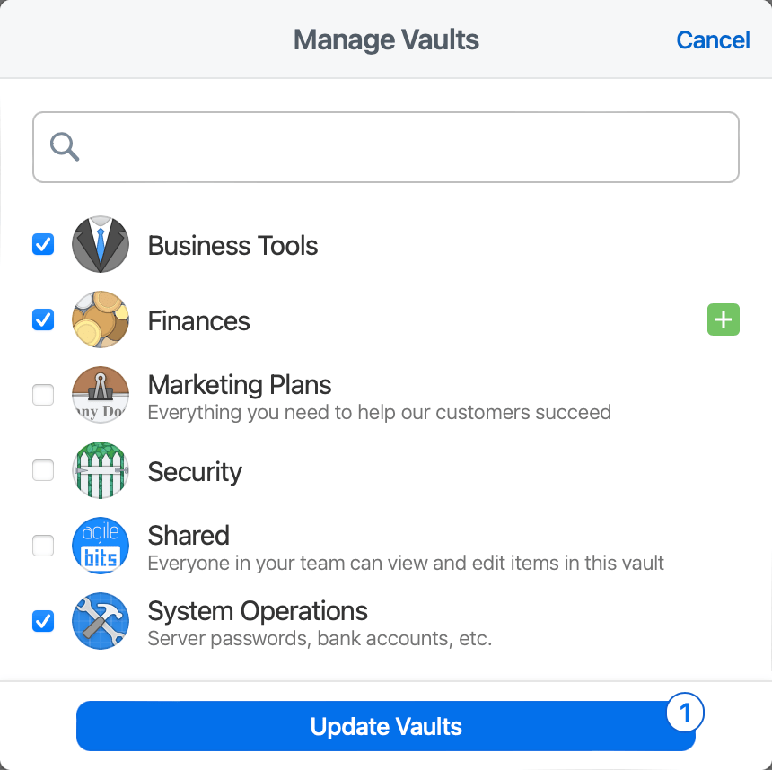 The Manage Vaults pop-up on 1Password.com showing a few selected vaults