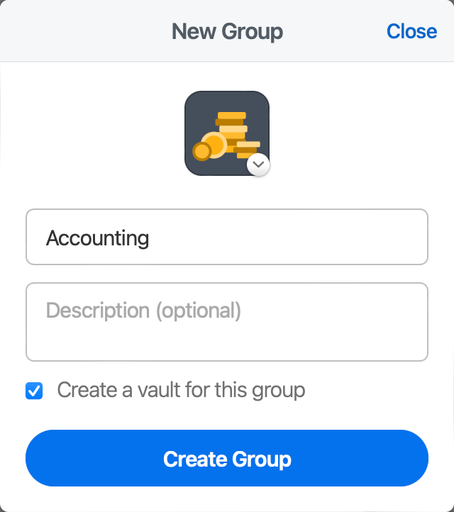 The New Group pop-up on 1Password.com with 'Accounting' in the group name field