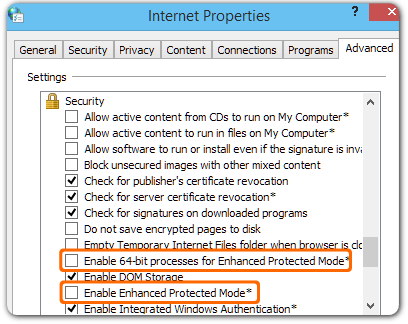 The Advanced tab under Internet Properties, with ‘Enable 64-bit processes for Enhanced Protected Mode’ and ‘Enable Enhanced Protected Mode’ circled