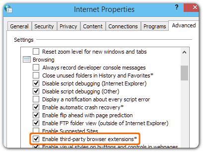 the Internet Properties window open to the Advanced tab with ‘Enable third-party browser extensions’ checked