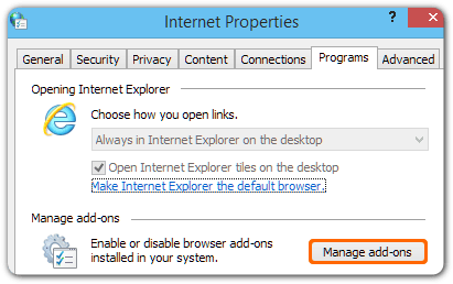 the Internet Properties window open to the Programs tab with ‘Manage add-ons’ highlighted