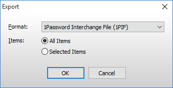 the 1Password Export page with 1Password Interchange File (1PIF) as the format and All Items selected