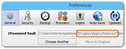 the General tab in the Preferences window with \Dropbox\Apps\1Password highlighted in the path for the 1Password vault