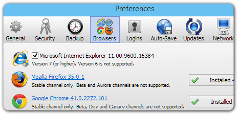 the Browsers tab in Preferences with the extension installed for Internet Explorer, Firefox, and Chrome