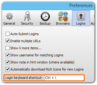 the Logins tab in Preferences with 'Login keyboard shortcut' set to Ctrl + backslash