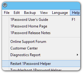 the Help menu expanded with Restart 1Password Helper selected
