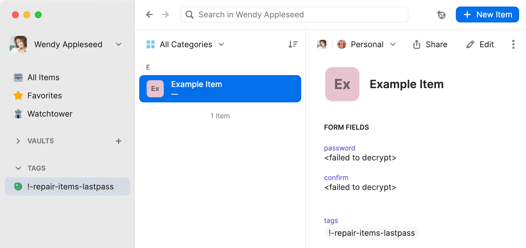 The 1Password desktop app displaying an item called "Example Item" with two fields that contain the <failed to decrypt> value.