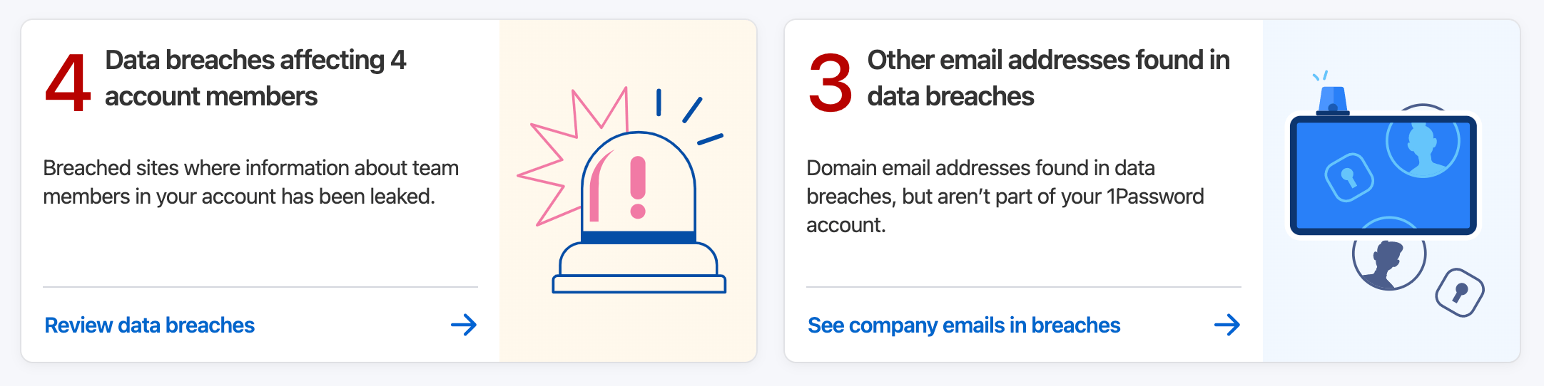 The breach checks section of the Insights page on 1password.com.