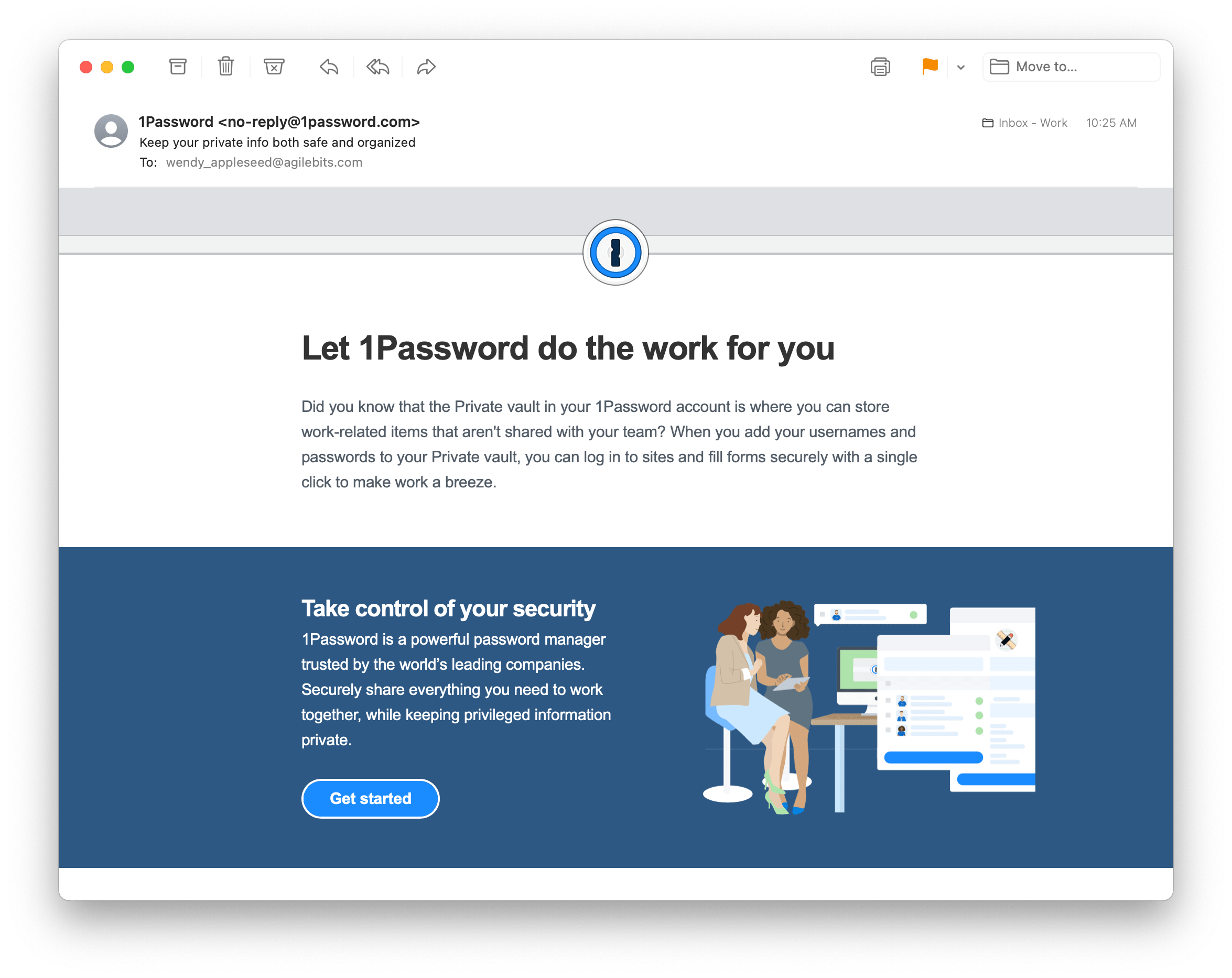 The automated email sent to team members who haven't added any items to 1Password.