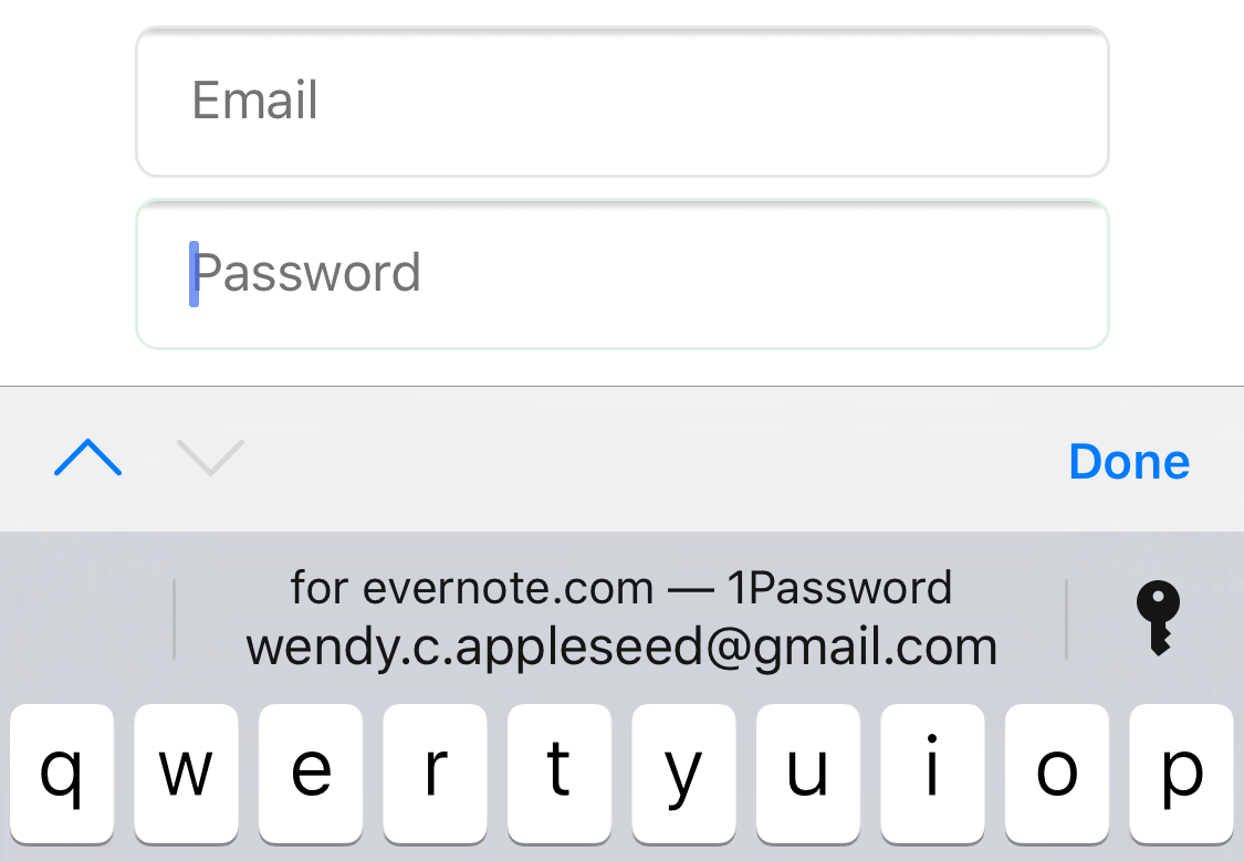 clavier iOS avec un nom d'utilisateur prêt à être rempli automatiquement