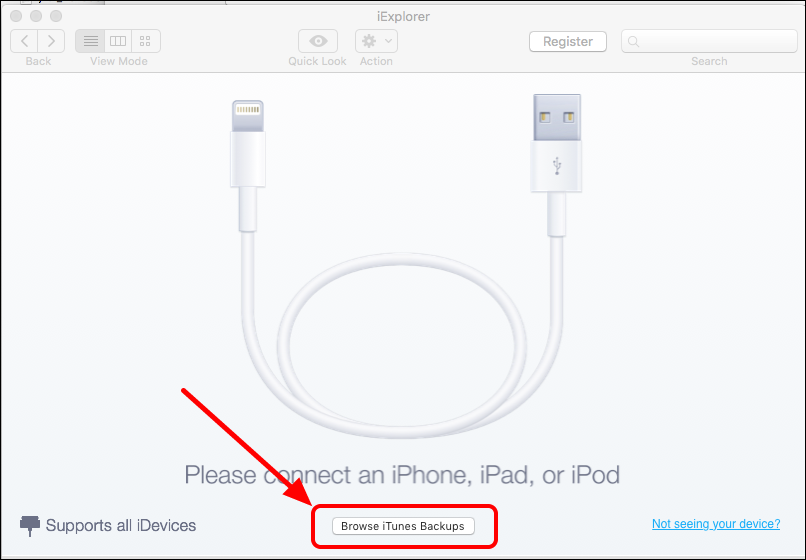 the connect device page with an arrow pointing towards 'Browse iTunes backups'