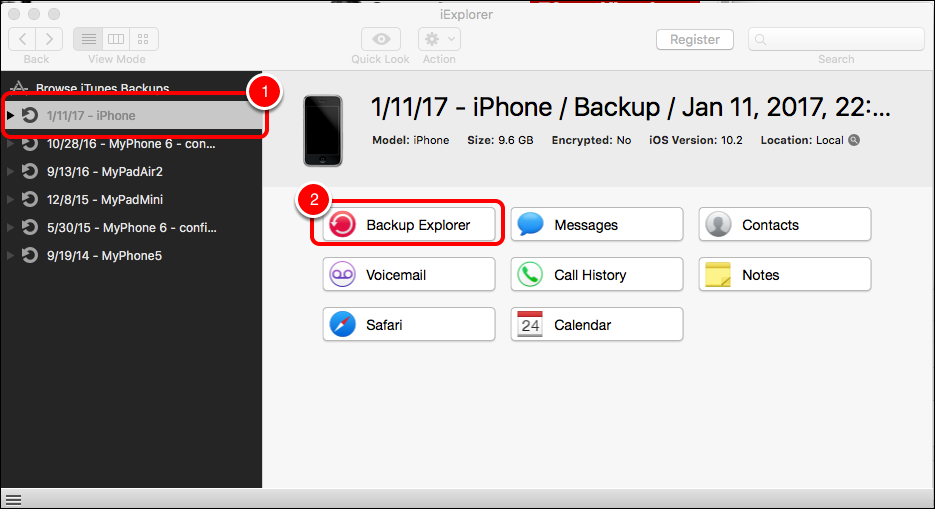 An iOS device selected in the sidebar under Browse iTunes Backups, and Backup Explorer circled in the main window