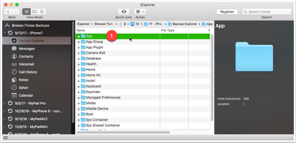 The App folder selected under Backup Explorer