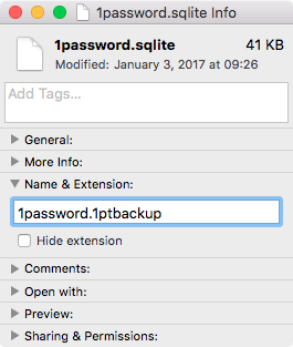 The '1password.sqlite Info' window highlighting '1password.1ptbackup' under the Name & Extension section