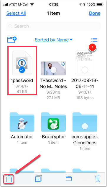 The 1Password 3 backup file in the Files app on iOS