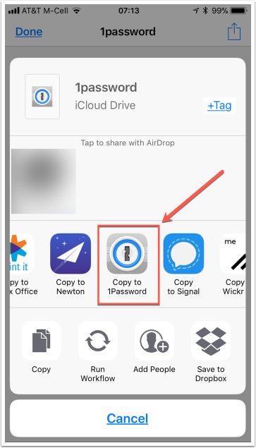 Copy to 1Password highlighted on the top row in the share sheet