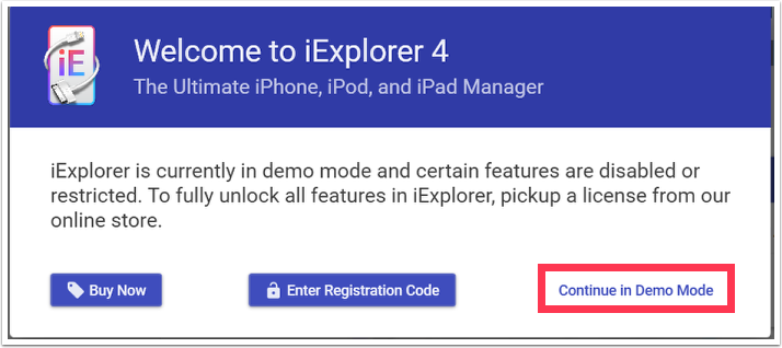 the iExplorer window with 'Continue in Demo Mode' highlighted