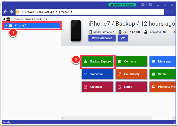 an iOS device selected under Browse iTunes Backups in the sidebar, and Backup Explorer circled in the main section
