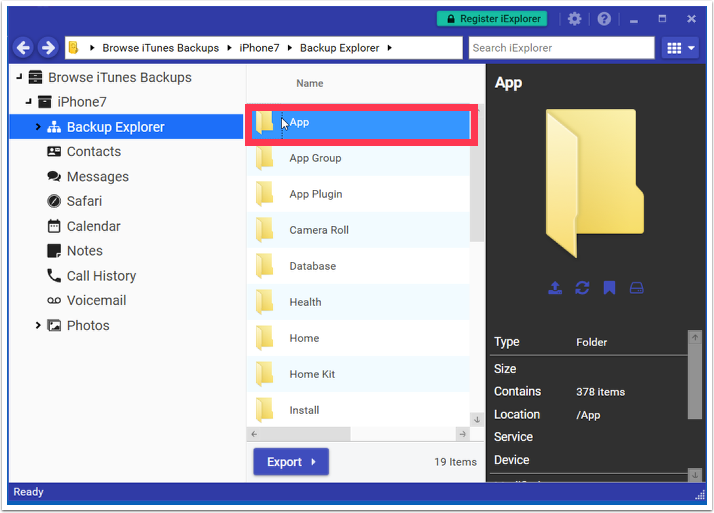 The App folder selected under Backup Explorer