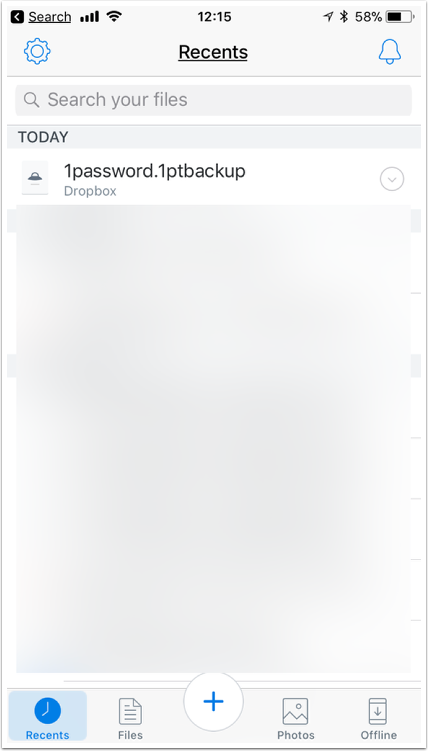The Recents page in Dropbox Showing the 1password.1ptbackup file