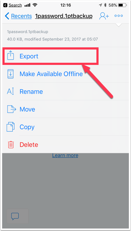 An action menu for the 1password.1ptbackup file with an arrow pointing towards Export