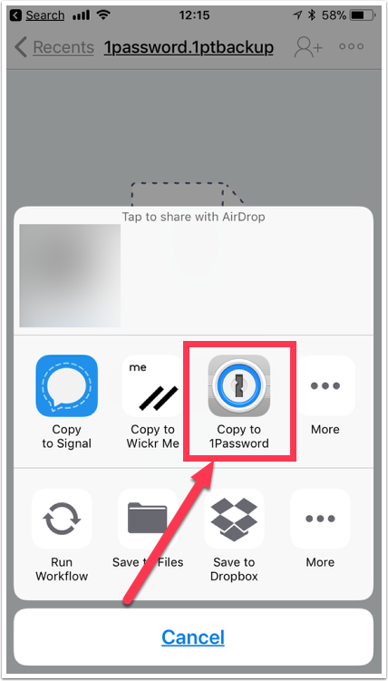 the share sheet with an arrow pointing towards 'Copy to 1Password'