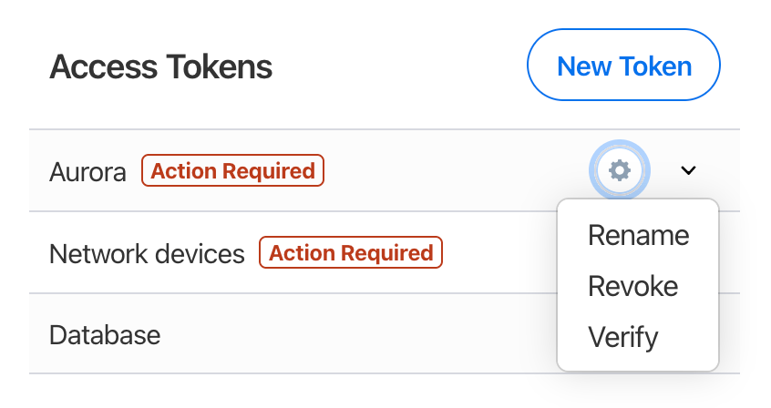 Secrets Automation access tokens list with gear menu expanded showing Rename, Revoke, Verify