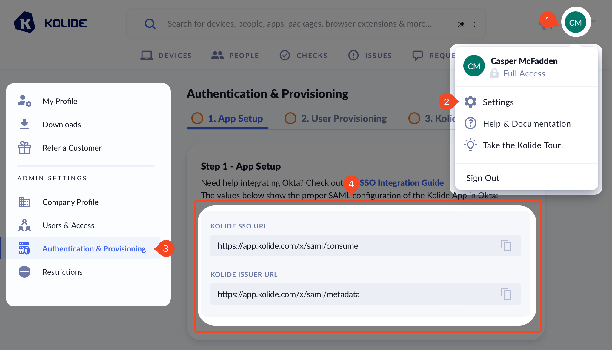 The Authentication & Provisioning page showing the App Setup settings.