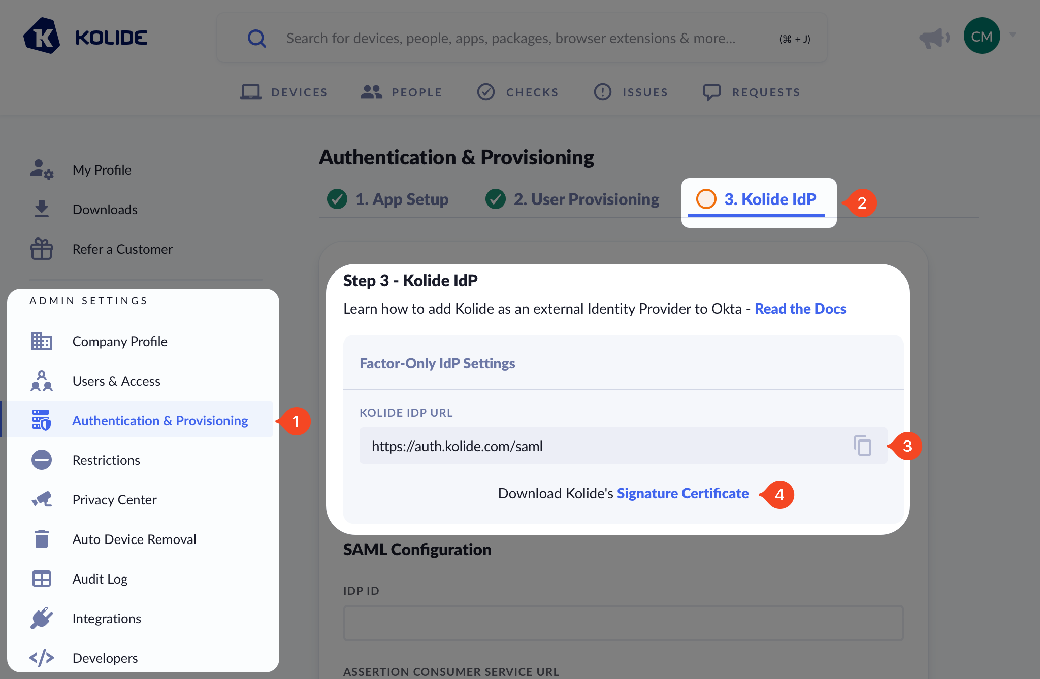 The Authentication & Provisioning page showing the Kolide IdP tab with the Step 3 - Kolide IdP section highlighted.