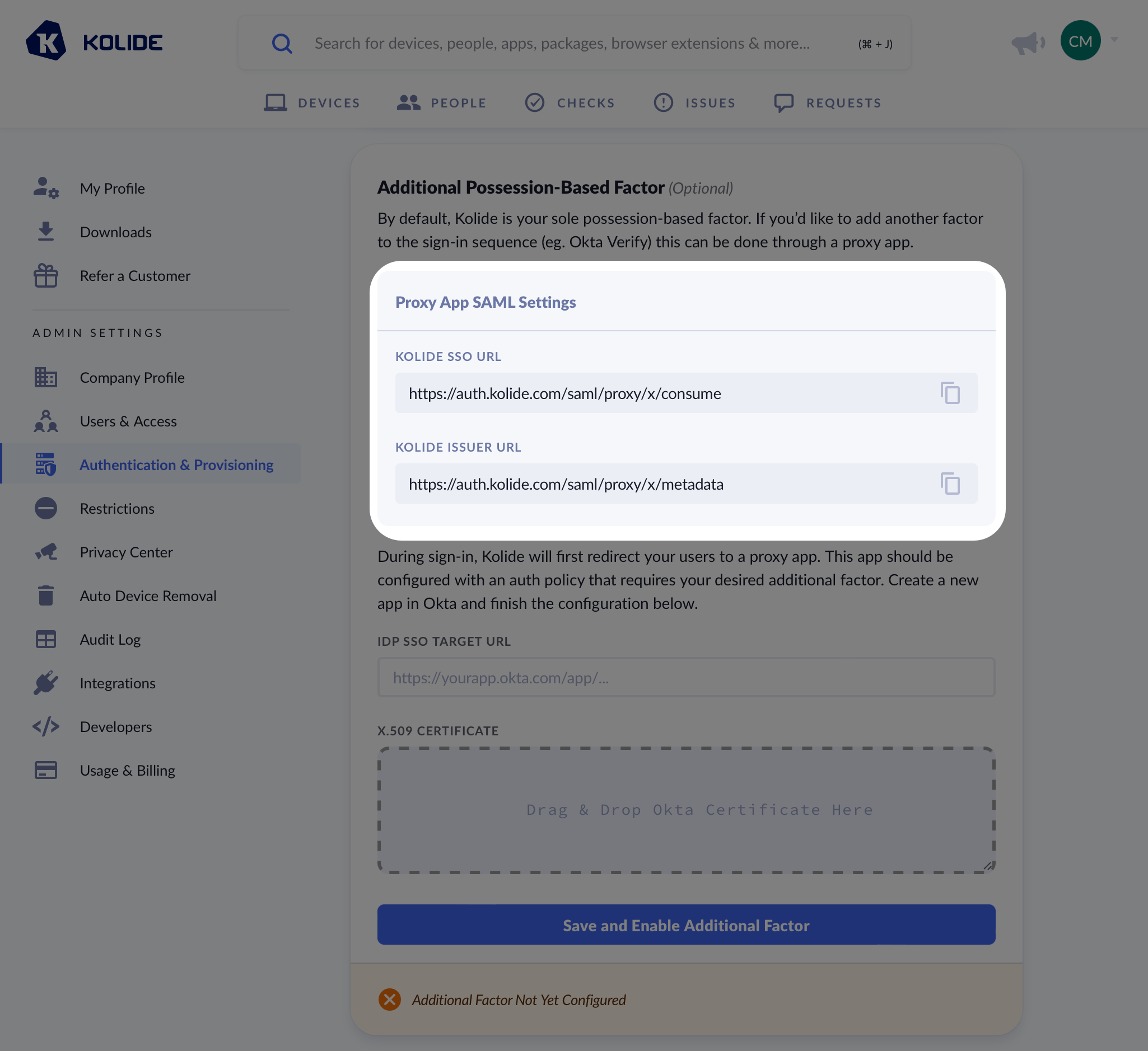 The Proxy App SAML Settings modal.