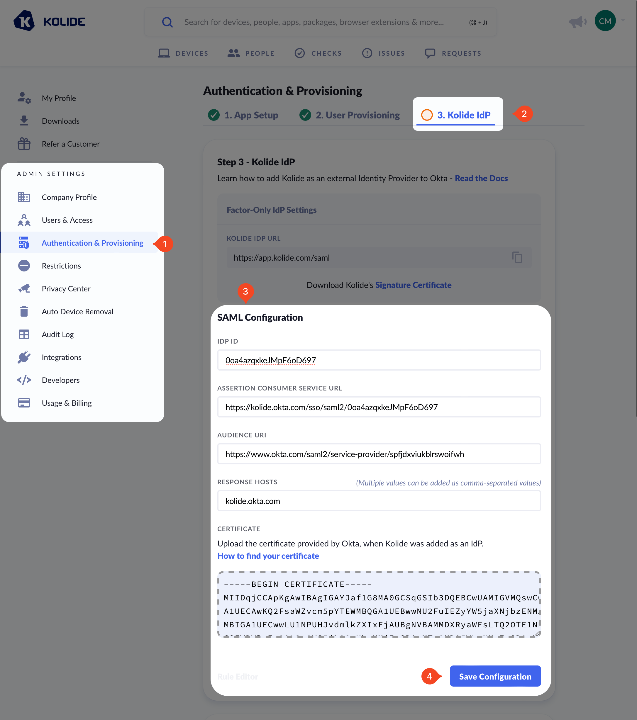 The Authentication & Provisioning page showing the Kolide IdP tab with the SAML Configuration section highlighted.