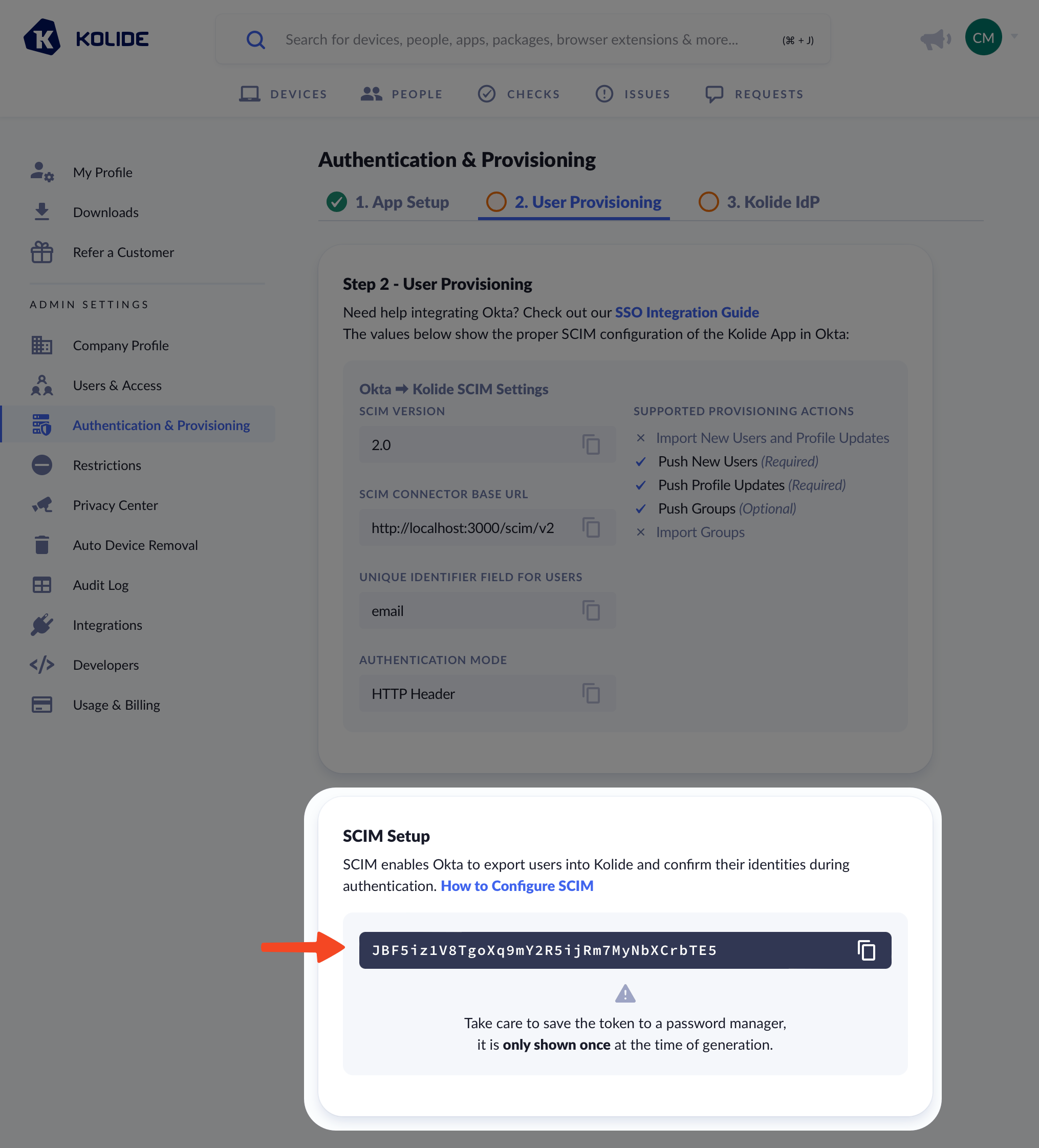 The Provisioning tab with the SCIM Connection settings.