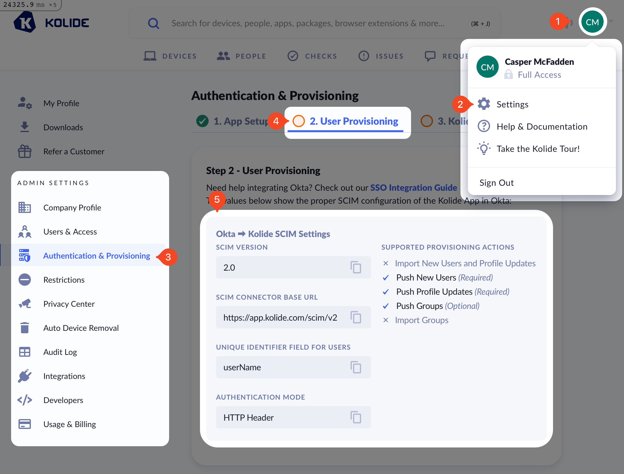 The Authentication & Provisioning page showing the User Provisioning settings.