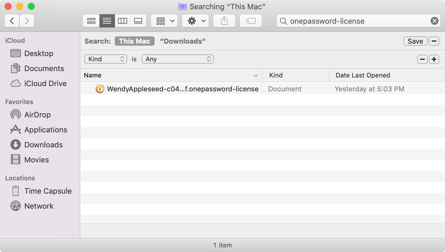 a Finder window searching for onepassword-license