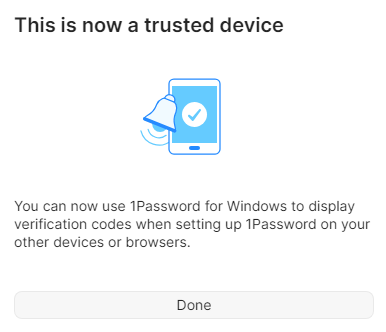 A popup in 1Password for Windows letting you know that it's now a linked app.