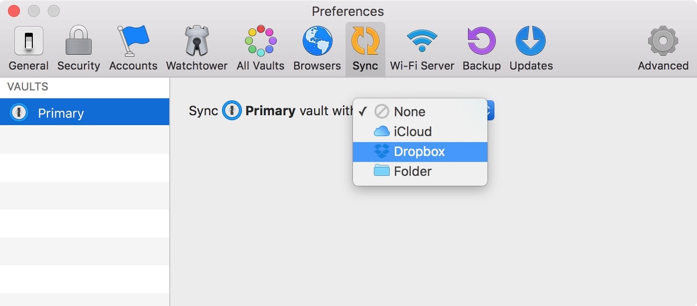 Вкладка синхронизации с выбранной опцией Dropbox в настройках