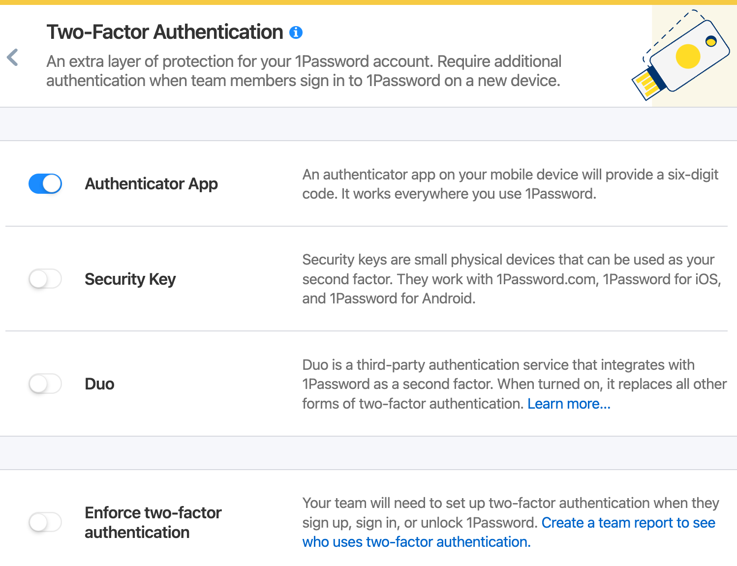 The two-factor authentication settings for business accounts