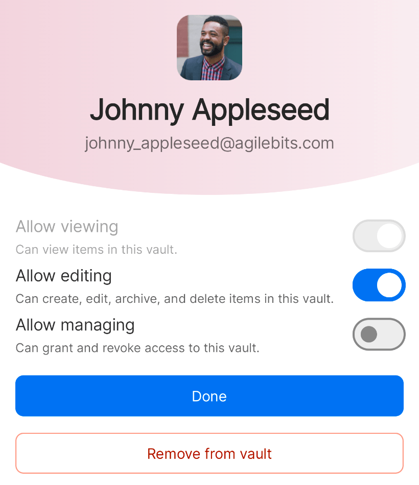 The pop-up to share a vault with people in the 1Password app
