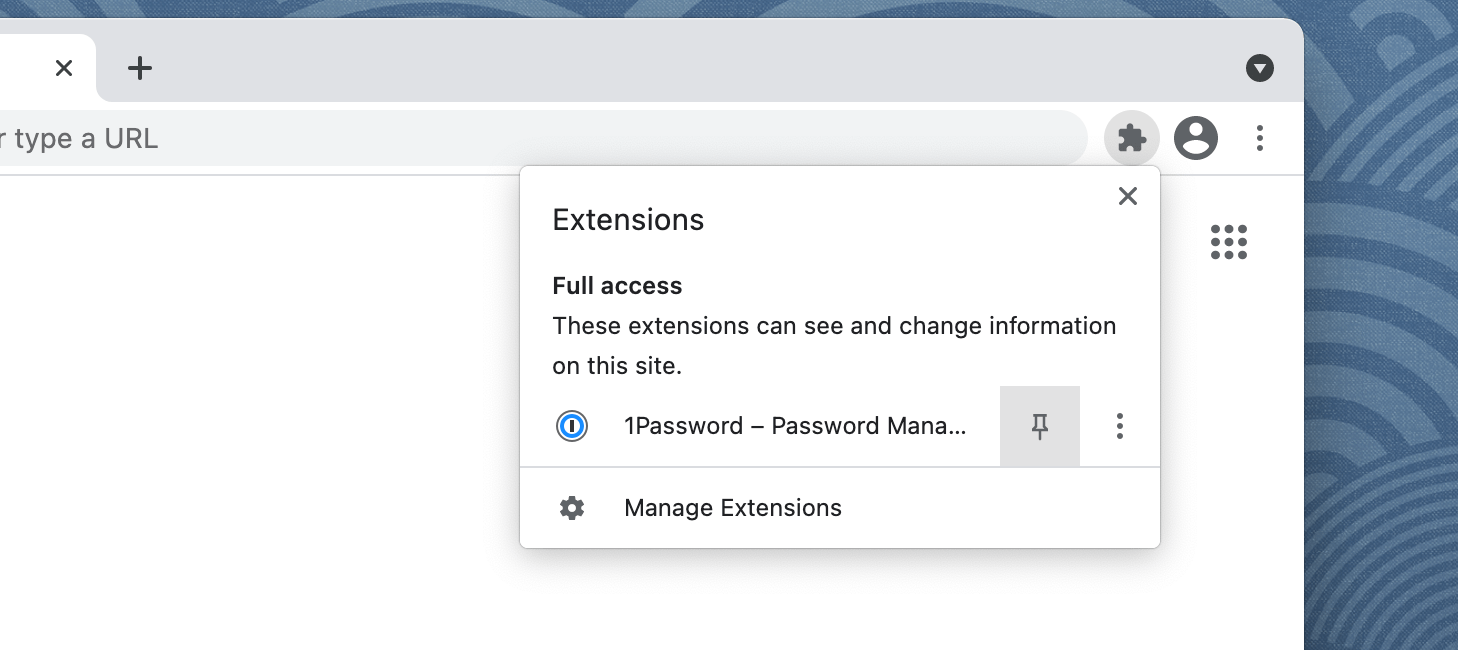 Add the 1Password button to the toolbar in Chrome